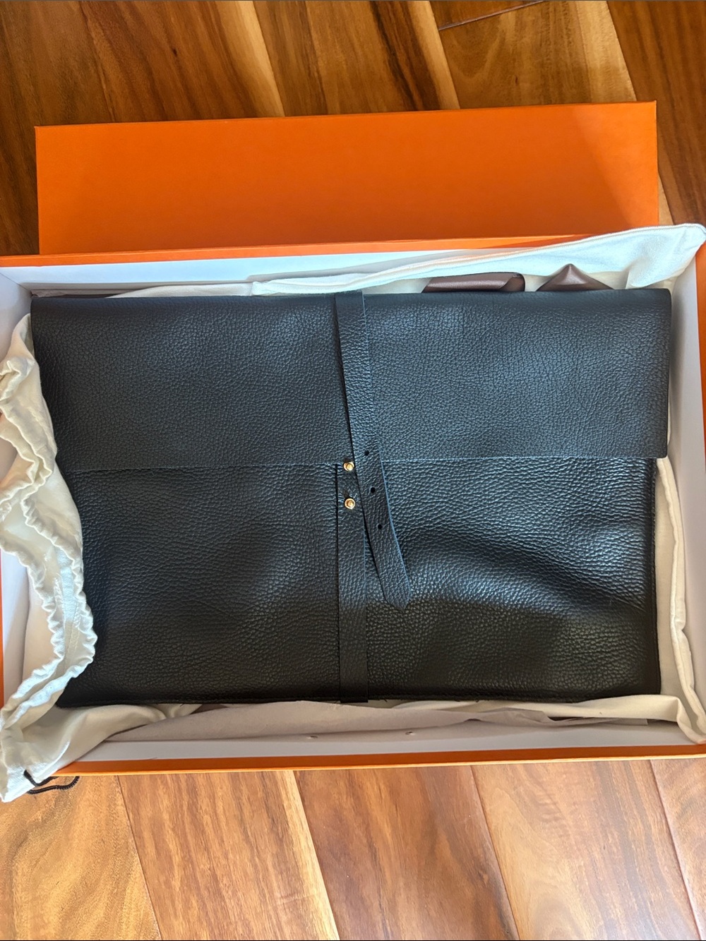 Cuyana Black Pebbled Leather Tablet Sleeve with Wrap Strap 16” x 11”